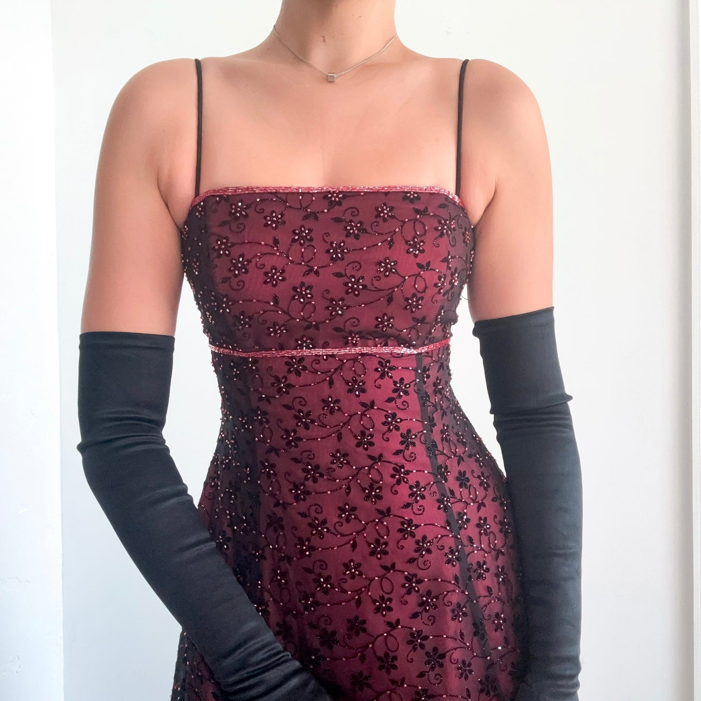 Y2K Red & Black Beaded Floral Crossback Gown / SZ M