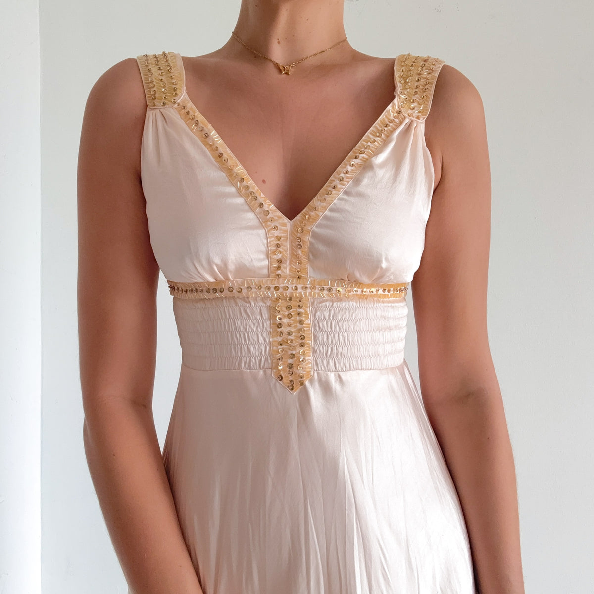 Y2K Pale Pink Beaded Crinkle Dress / SZ XS