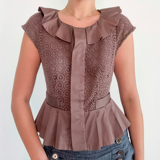 Y2K Brown Eyelet Pleated Short Sleeve Jacket / SZ 6