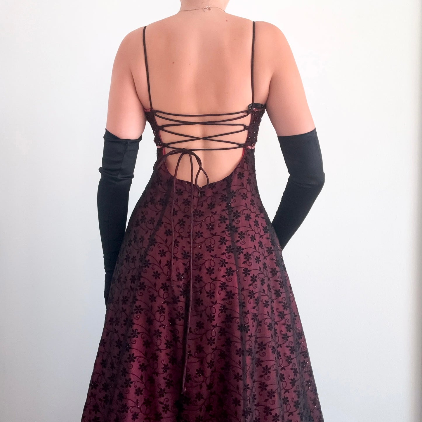 Y2K Red & Black Beaded Floral Crossback Gown / SZ M