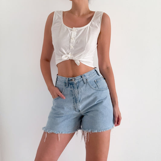 90's Light Frayed Denim Shorts / SZ 8