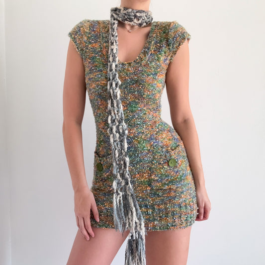 Y2K Green Multicolor Knit Mini Dress / SZ M