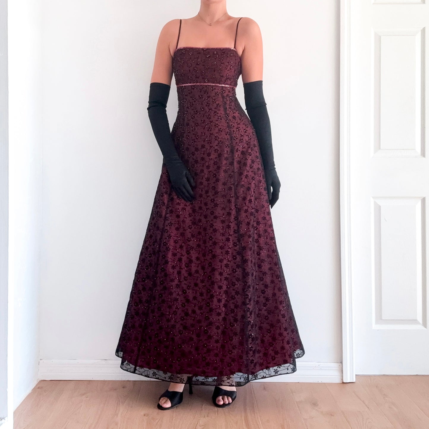 Y2K Red & Black Beaded Floral Crossback Gown / SZ M