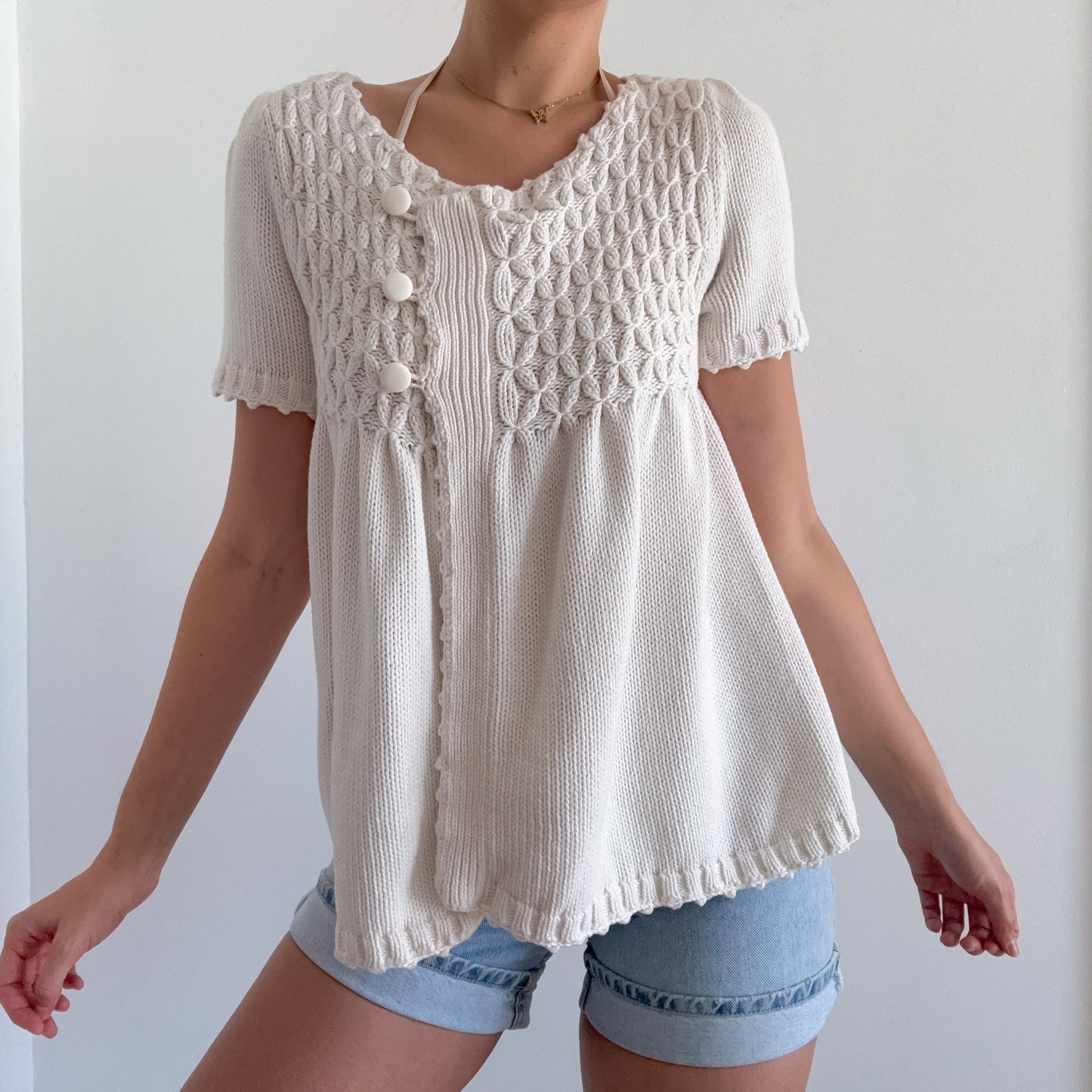 Y2K Ivory Sweater Knit Babydoll Cardigan / SZ M/L