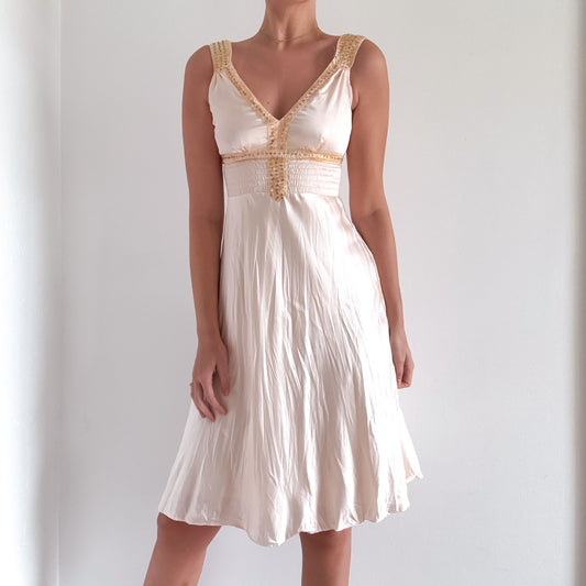 Y2K Pale Pink Beaded Crinkle Dress / SZ XS