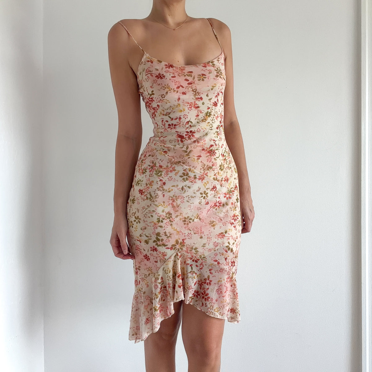 Y2K Cream & Pink Floral Midi Dress / SZ S