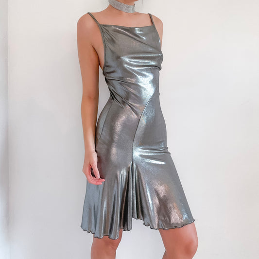 90's Silver Metallic Midi Dress / SZ S/M