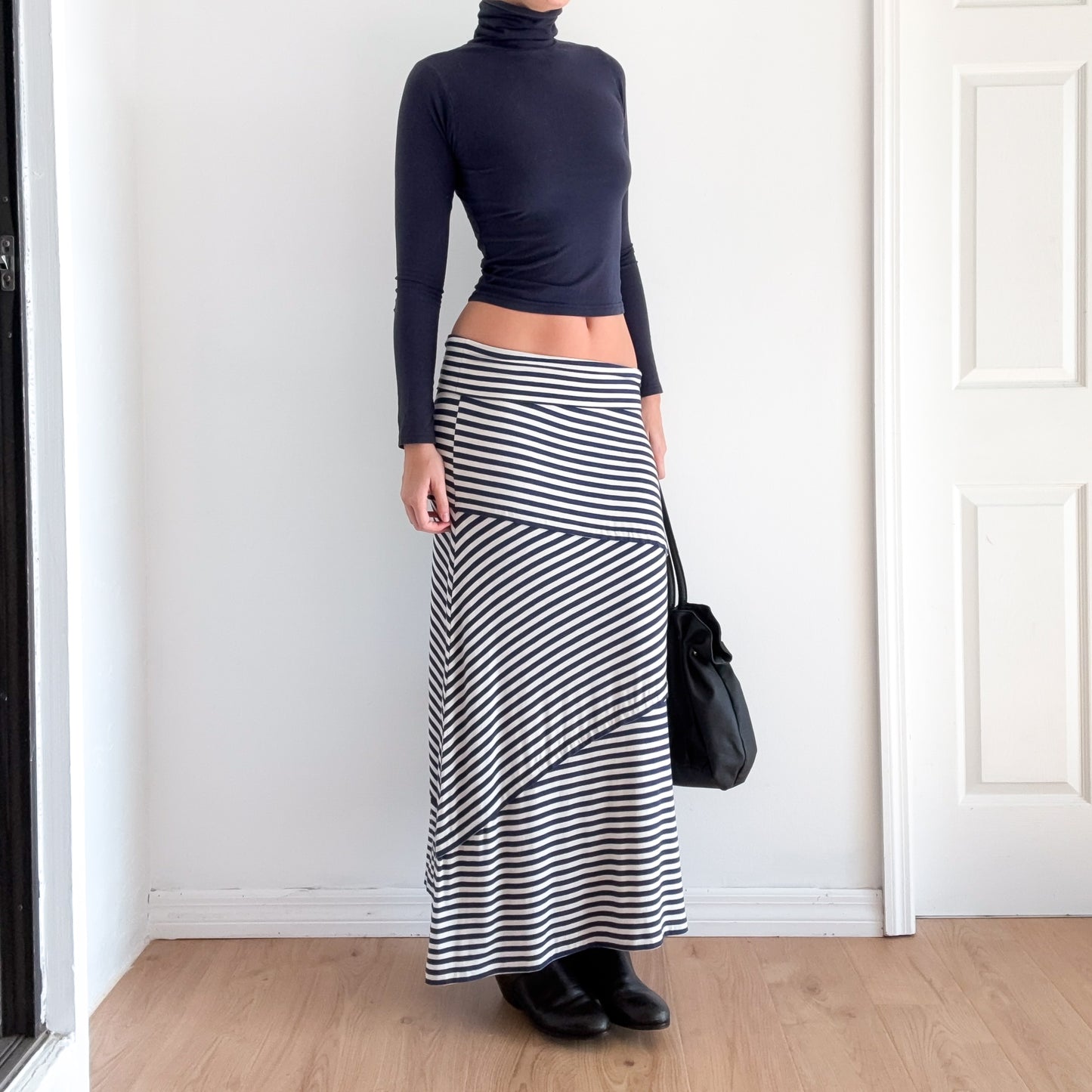 Y2K Navy Striped Modal Foldover Maxi Skirt / SZ M-L