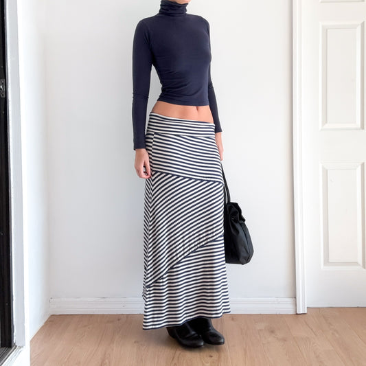 Y2K Navy Striped Modal Foldover Maxi Skirt / SZ M-L