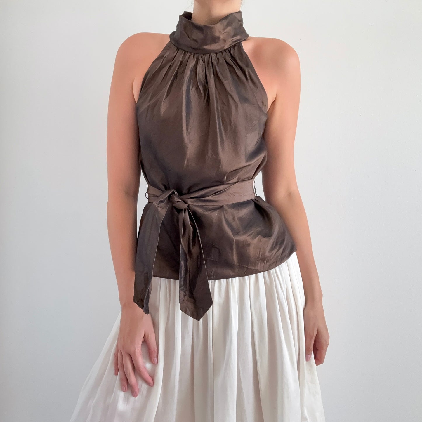 90's Brown Silk Taffeta Tie Blouse / SZ M