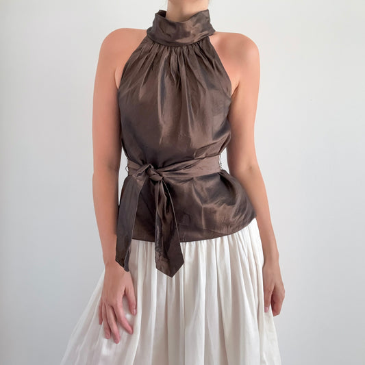 90's Brown Silk Taffeta Tie Blouse / SZ M