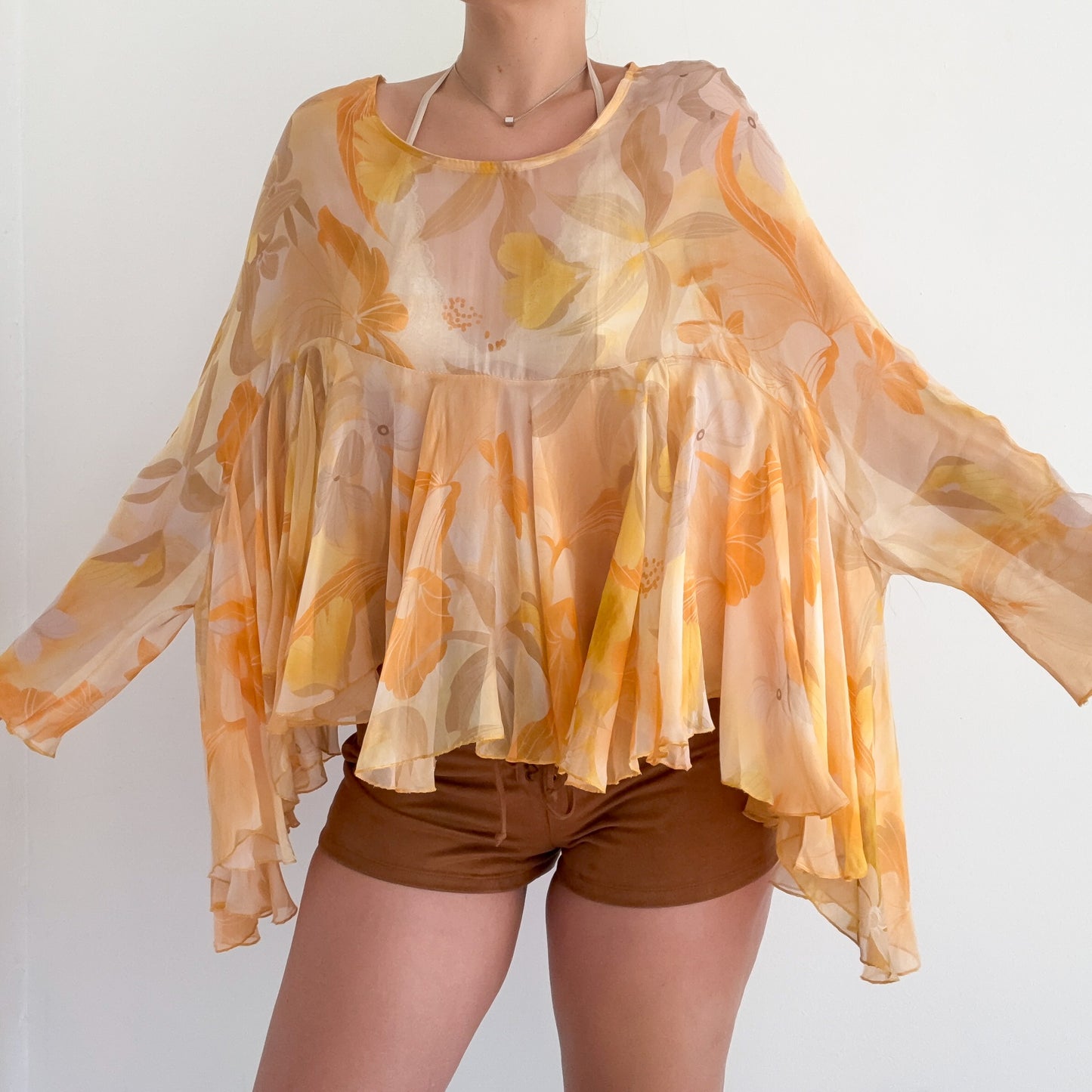 Italian Orange & Yellow Floral Silk Poncho Top / One Size