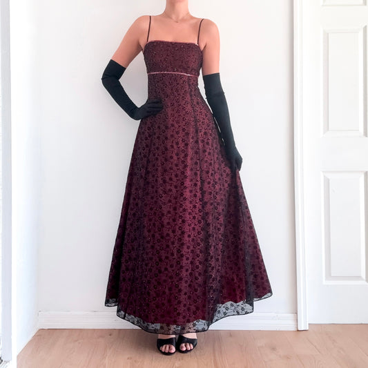 Y2K Red & Black Beaded Floral Crossback Gown / SZ M