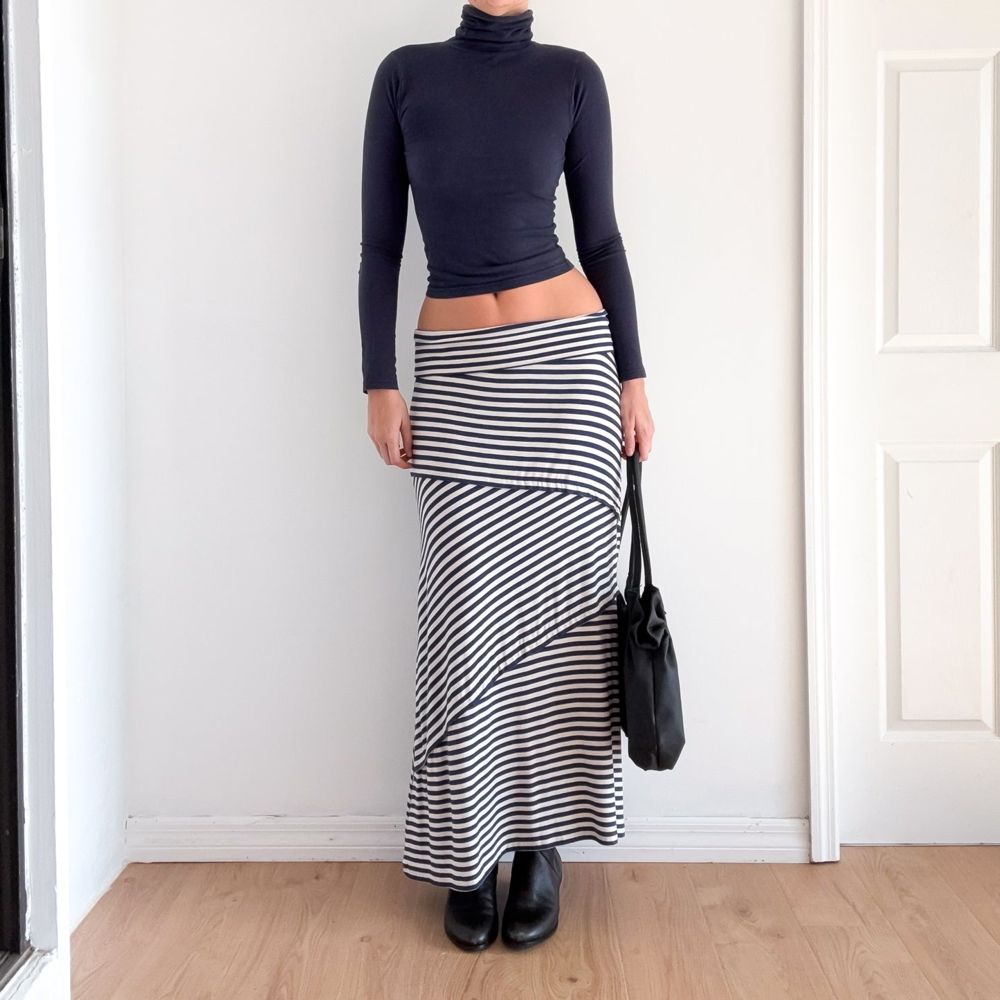 Y2K Navy Striped Modal Foldover Maxi Skirt / SZ M-L