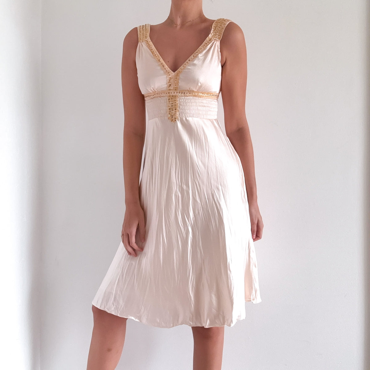 Y2K Pale Pink Beaded Crinkle Dress / SZ XS