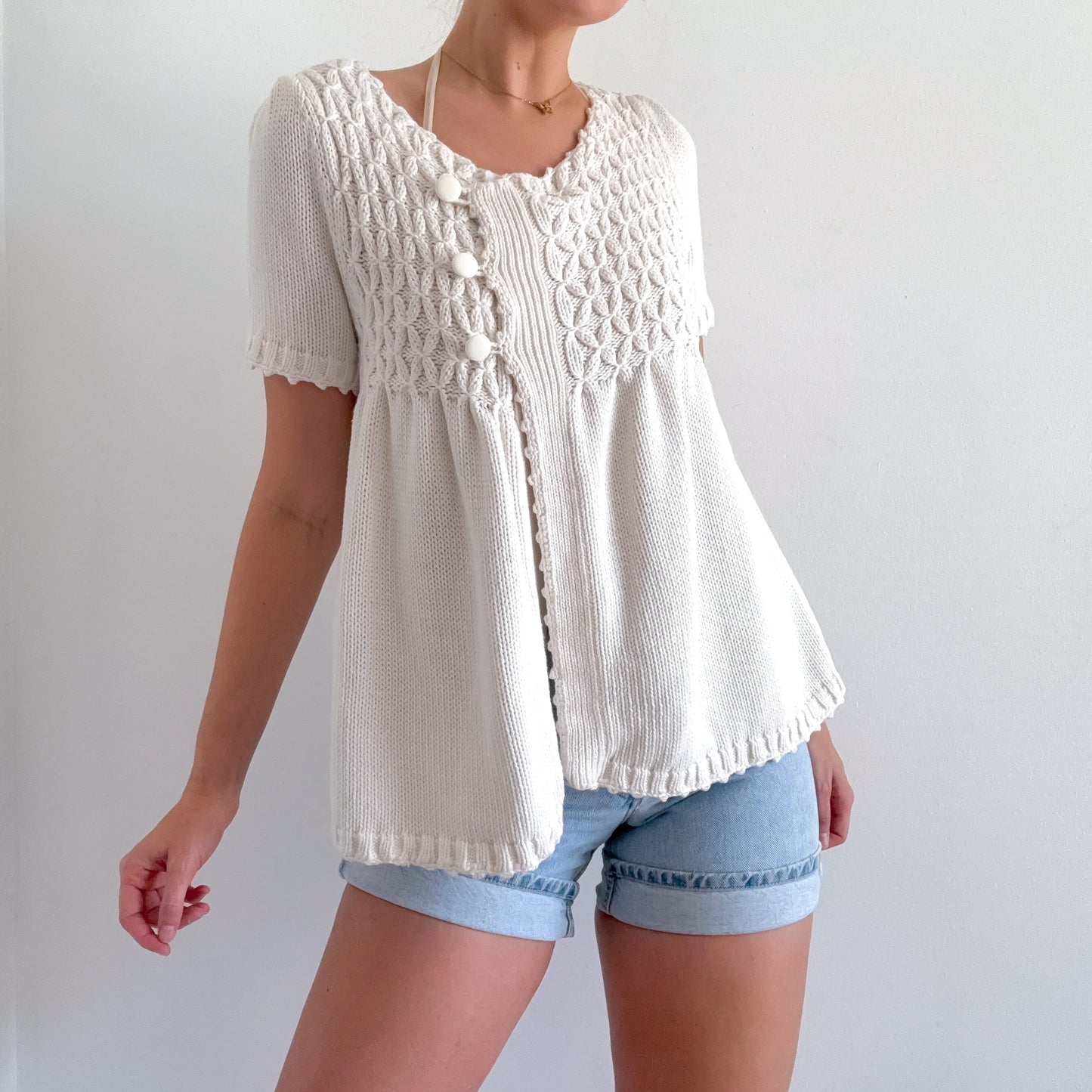 Y2K Ivory Sweater Knit Babydoll Cardigan / SZ M/L