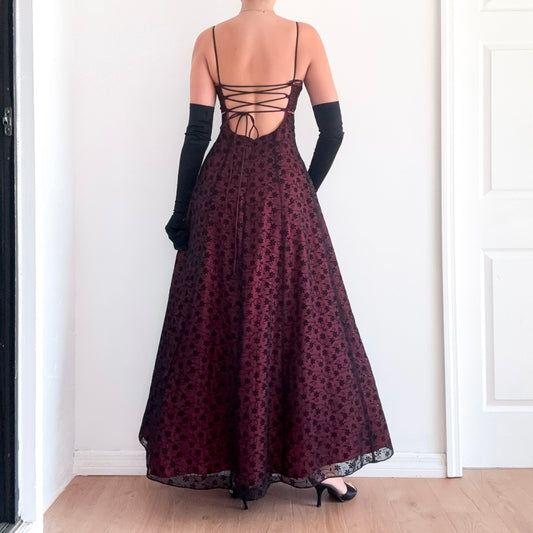 Y2K Red & Black Beaded Floral Crossback Gown / SZ M