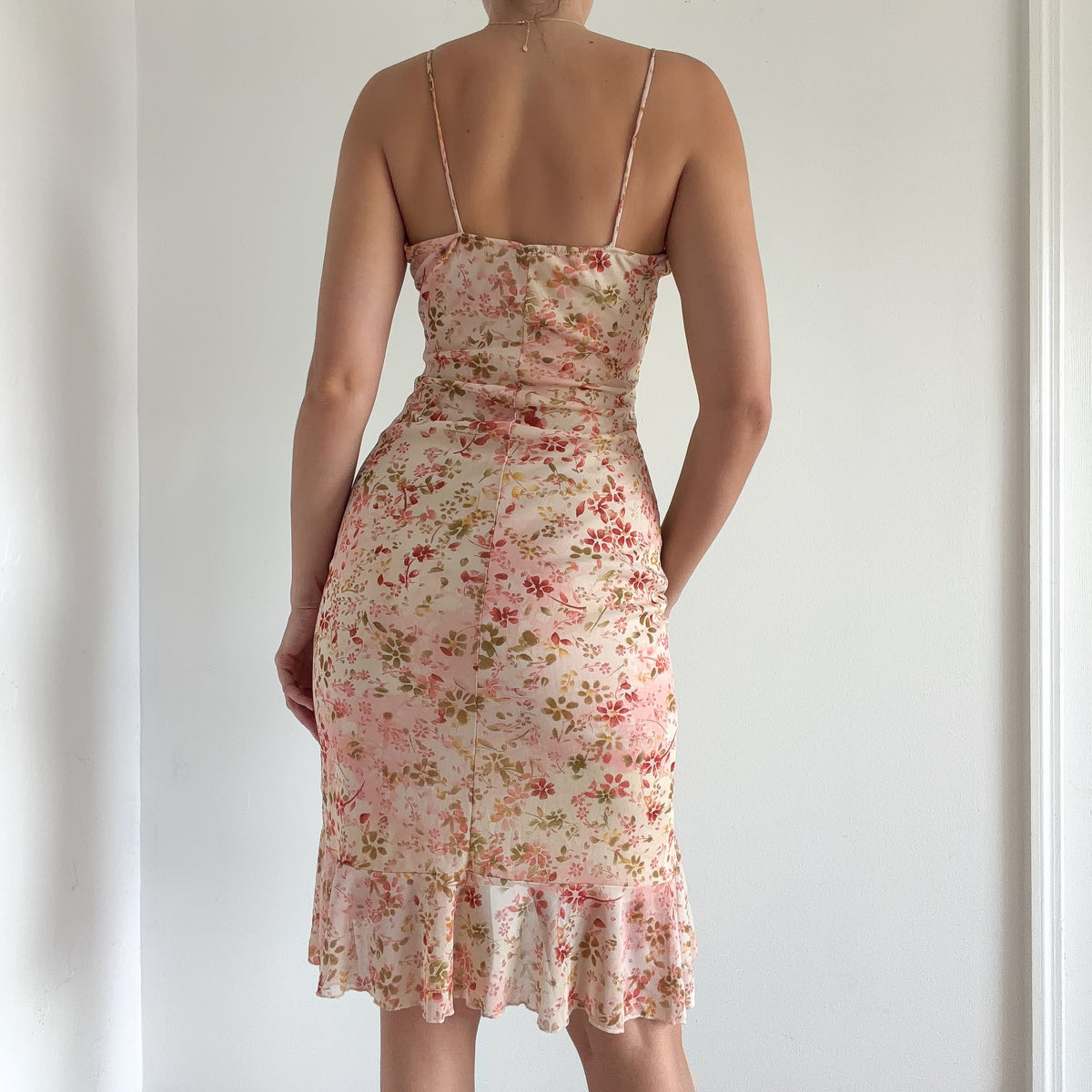 Y2K Cream & Pink Floral Midi Dress / SZ S