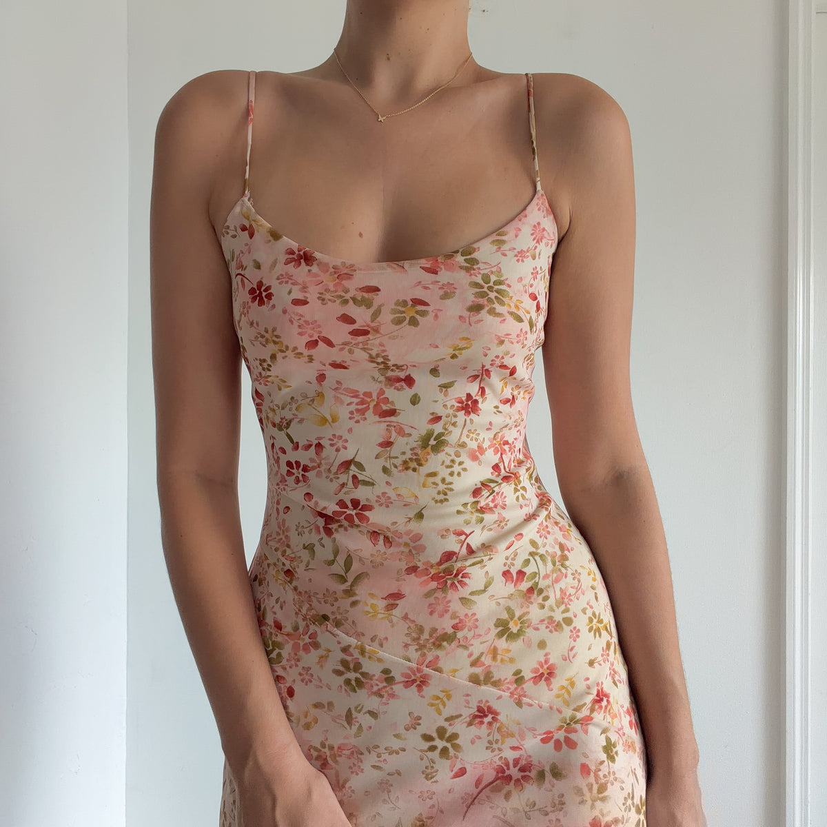 Y2K Cream & Pink Floral Midi Dress / SZ S