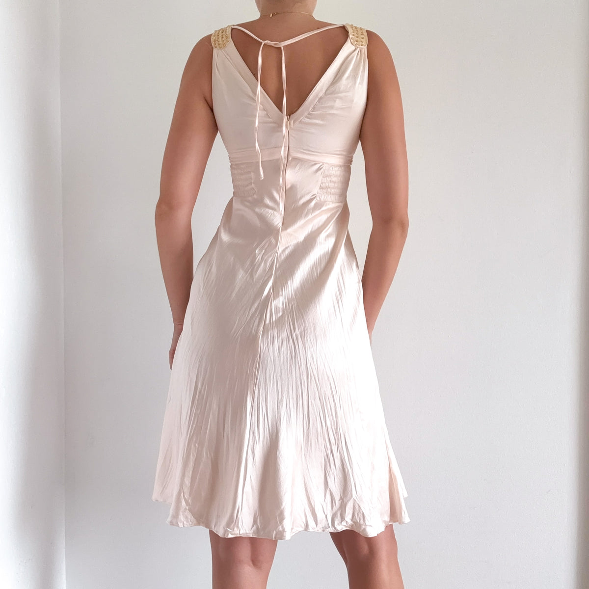 Y2K Pale Pink Beaded Crinkle Dress / SZ XS