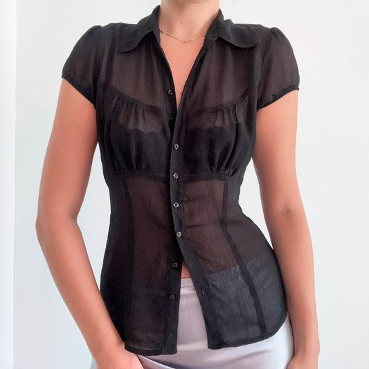 Y2K Black Chiffon Sheer Blouse / SZ M