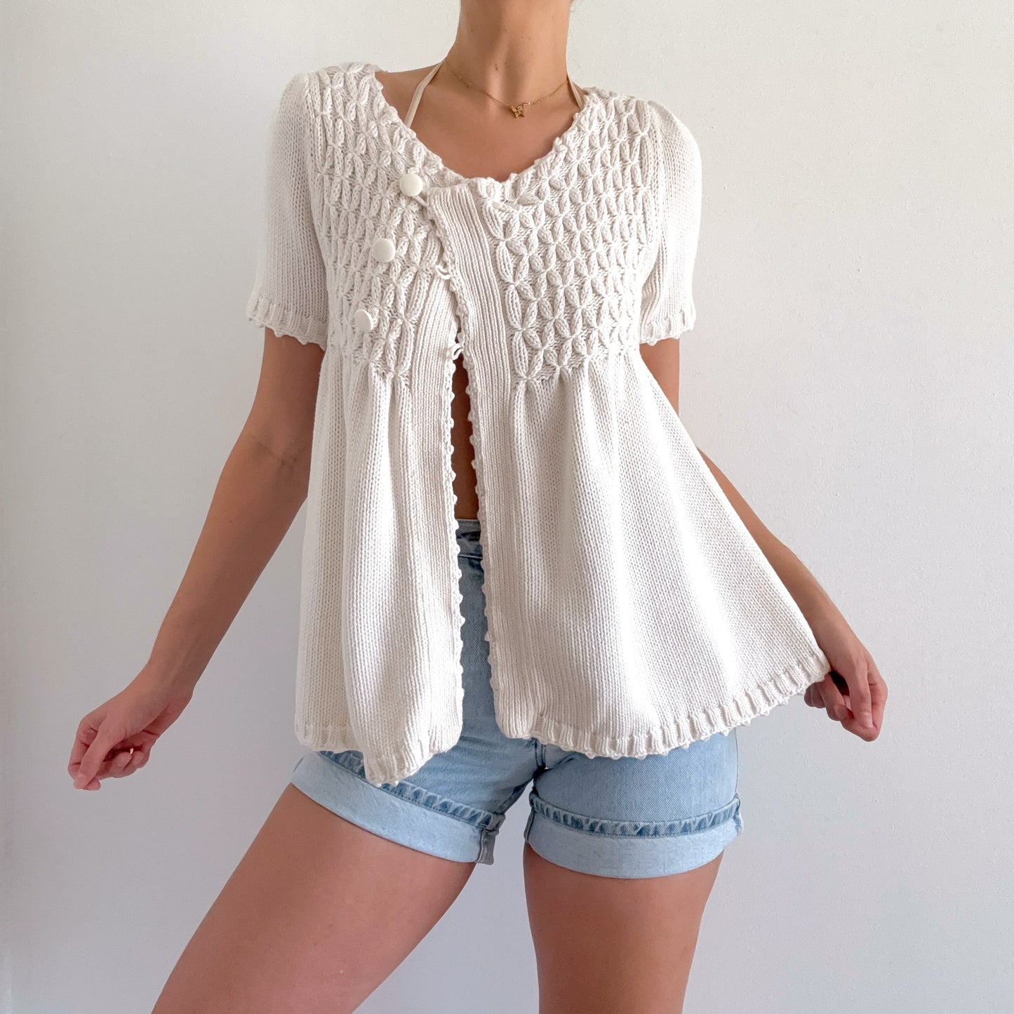 Y2K Ivory Sweater Knit Babydoll Cardigan / SZ M/L