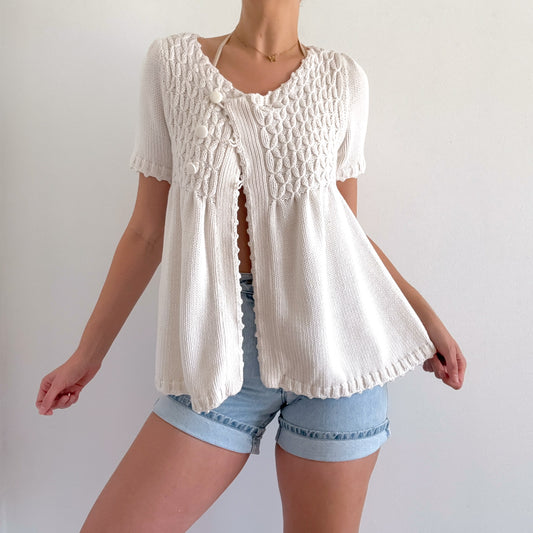 Y2K Ivory Sweater Knit Babydoll Cardigan / SZ M/L