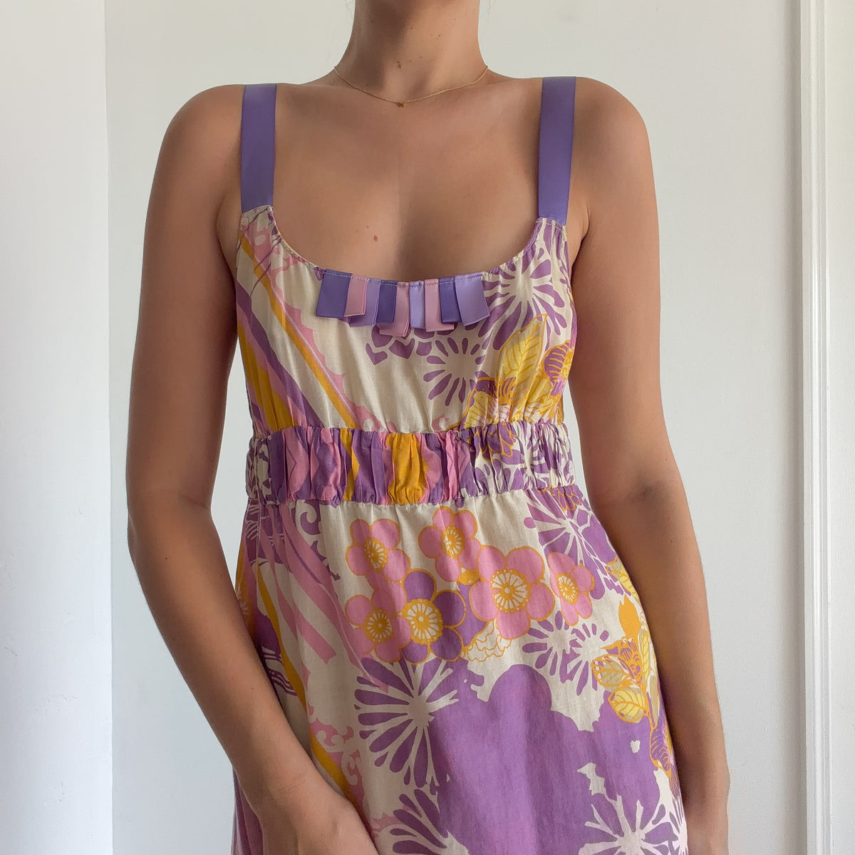 Y2K Purple & Yellow Floral Cotton Mini Dress / SZ M