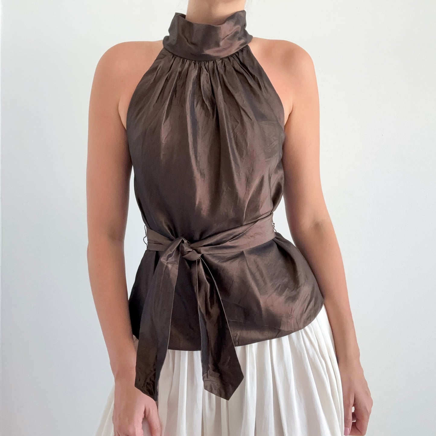 90's Brown Silk Taffeta Tie Blouse / SZ M