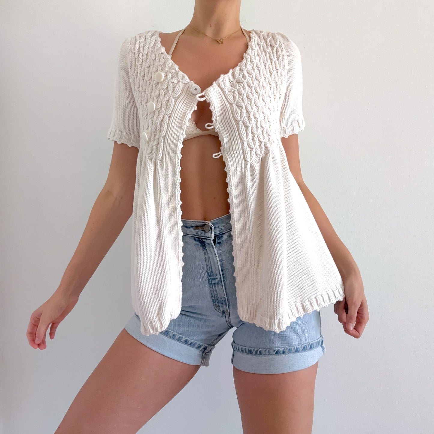 Y2K Ivory Sweater Knit Babydoll Cardigan / SZ M/L