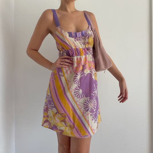 Y2K Purple & Yellow Floral Cotton Mini Dress / SZ M