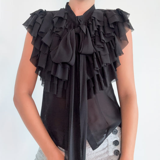 Y2K Black Chiffon Ruffle Tie Blouse / SZ M