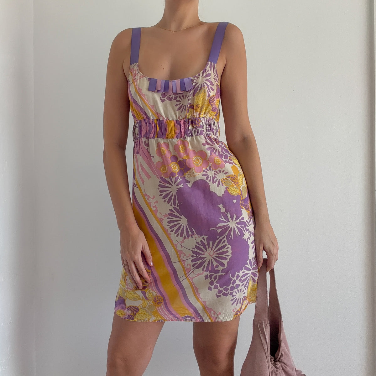 Y2K Purple & Yellow Floral Cotton Mini Dress / SZ M