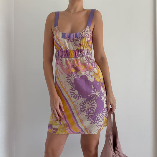 Y2K Purple & Yellow Floral Cotton Mini Dress / SZ M