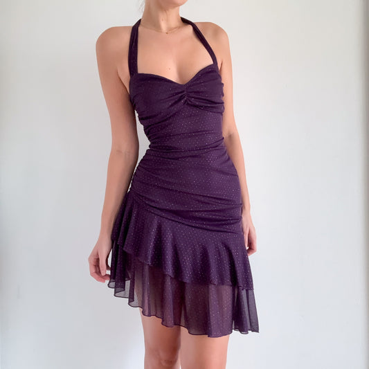 Y2K Purple Glitter Dot Halter Dress / SZ S