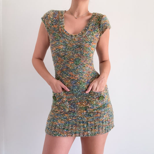 Y2K Green Multicolor Knit Mini Dress / SZ M