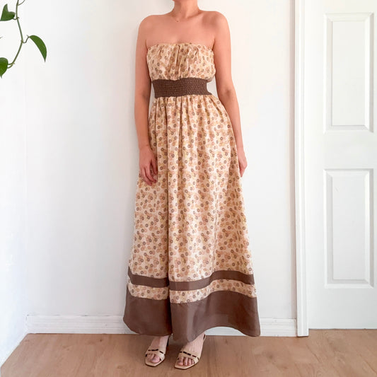 2010's Beige & Brown Printed Silk Maxi Dress / SZ 6