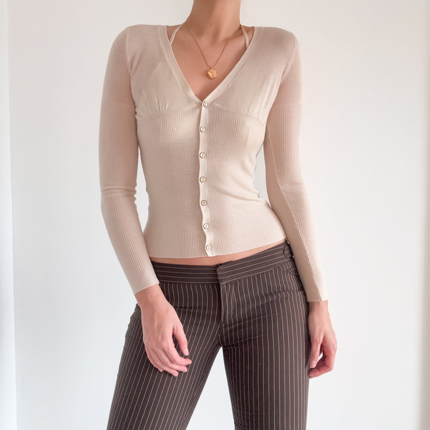 Y2K Cream Knit Fitted Cardigan / SZ XS-S