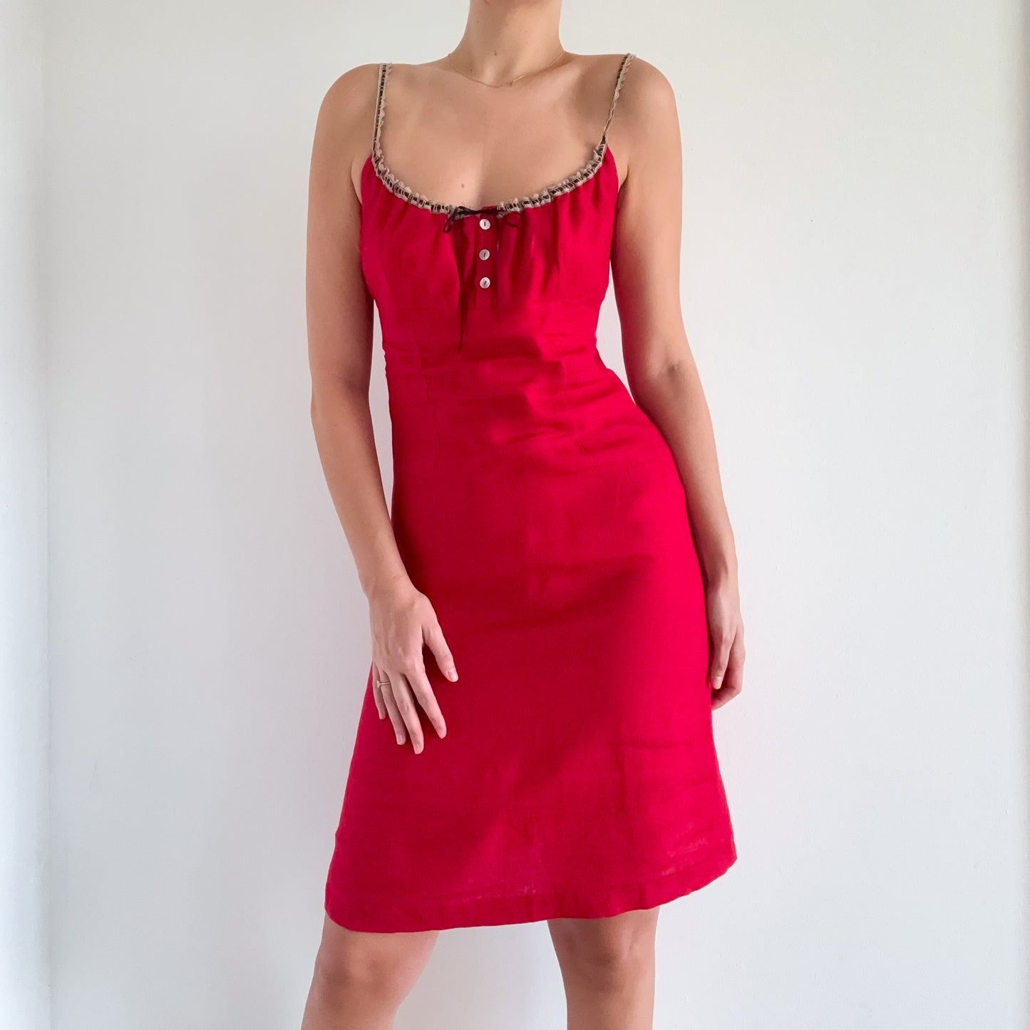 Y2K Red Linen Sweetheart Dress / SZ M