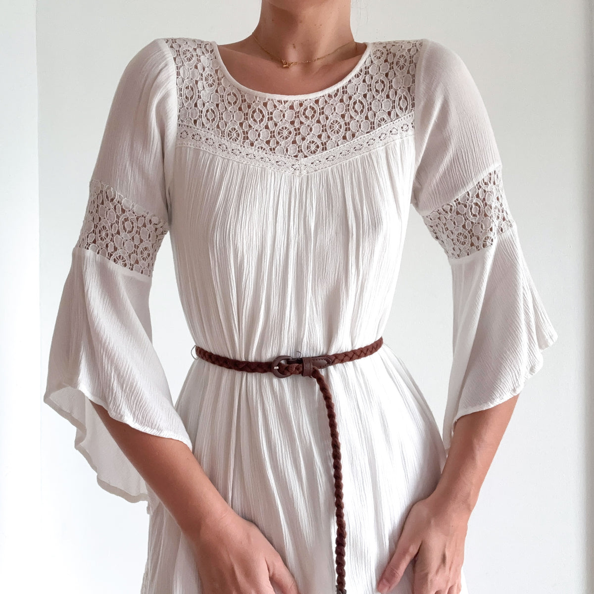 Y2K White Cotton Knit Belted Mini Dress / SZ S
