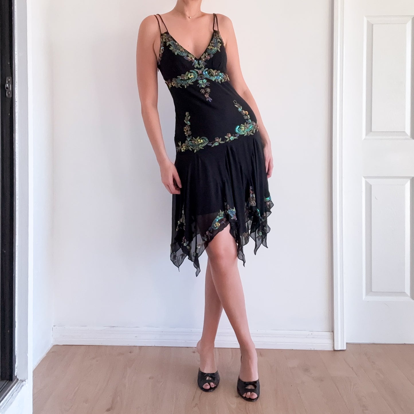 Y2K Cache Black Silk Beaded Fairy Dress. SZ 6