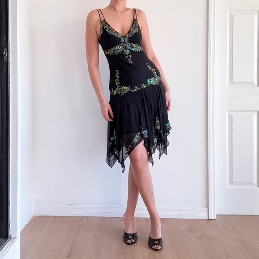 Y2K Cache Black Silk Beaded Fairy Dress. SZ 6