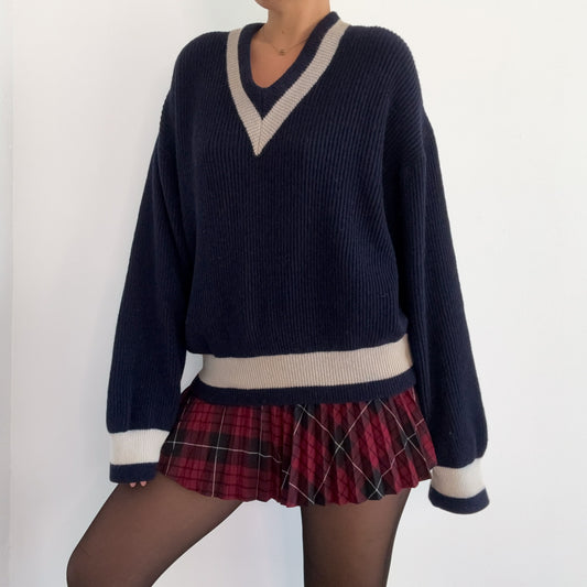 60's Navy Varsity Wool Knit Sweater / SZ L-XL