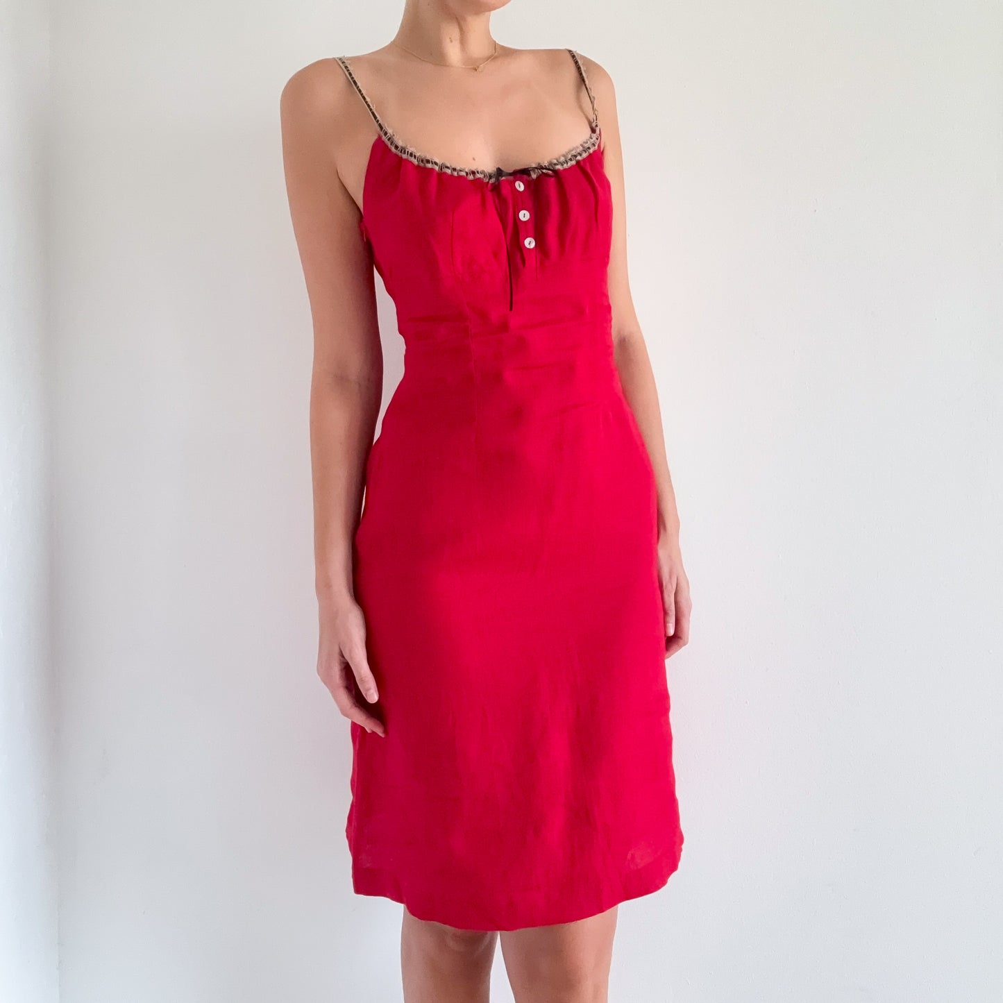 Y2K Red Linen Sweetheart Dress / SZ M