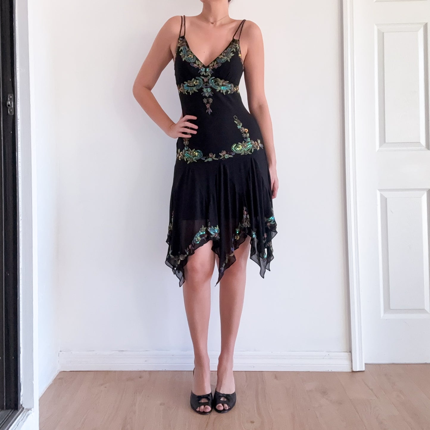Y2K Cache Black Silk Beaded Fairy Dress. SZ 6