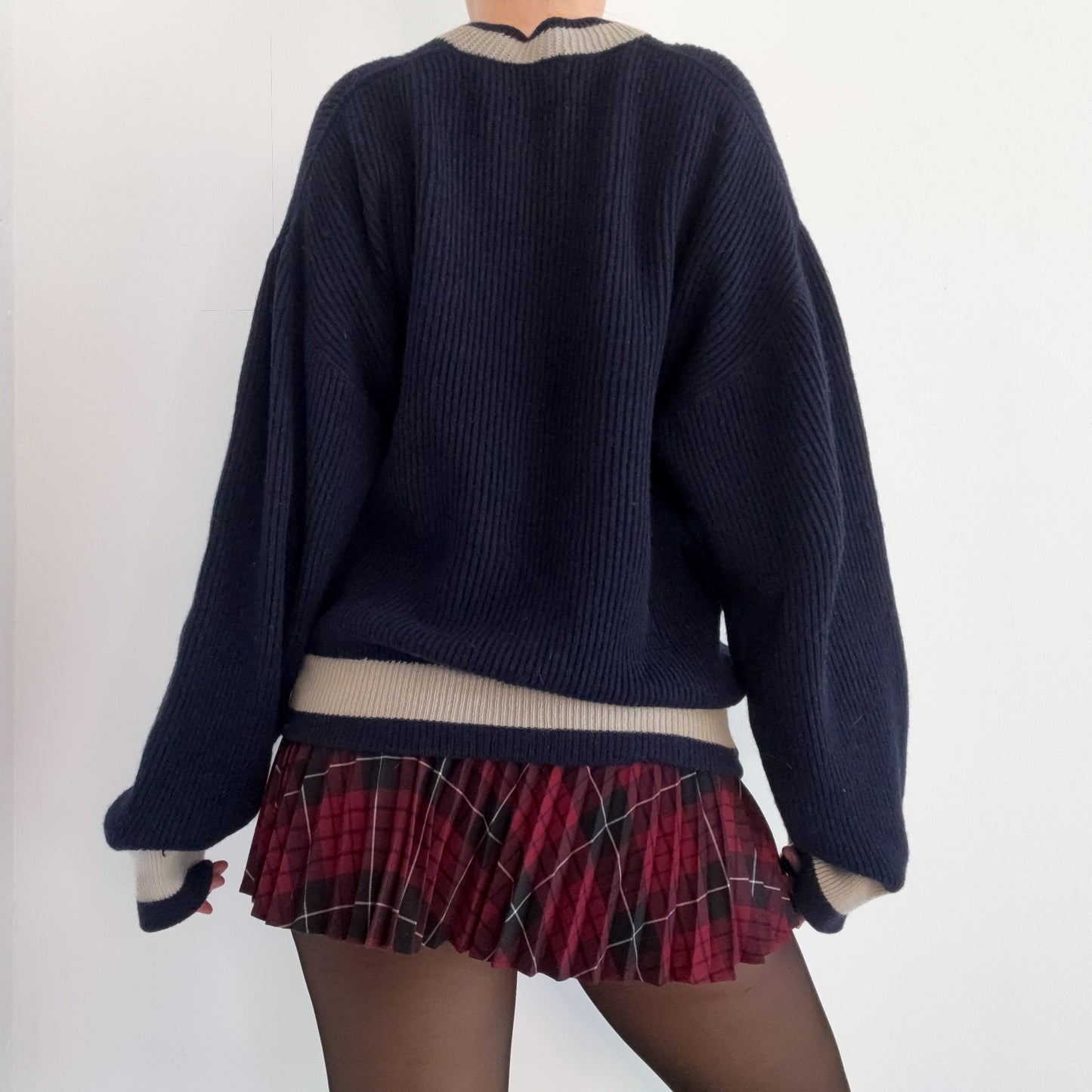 60's Navy Varsity Wool Knit Sweater / SZ L-XL