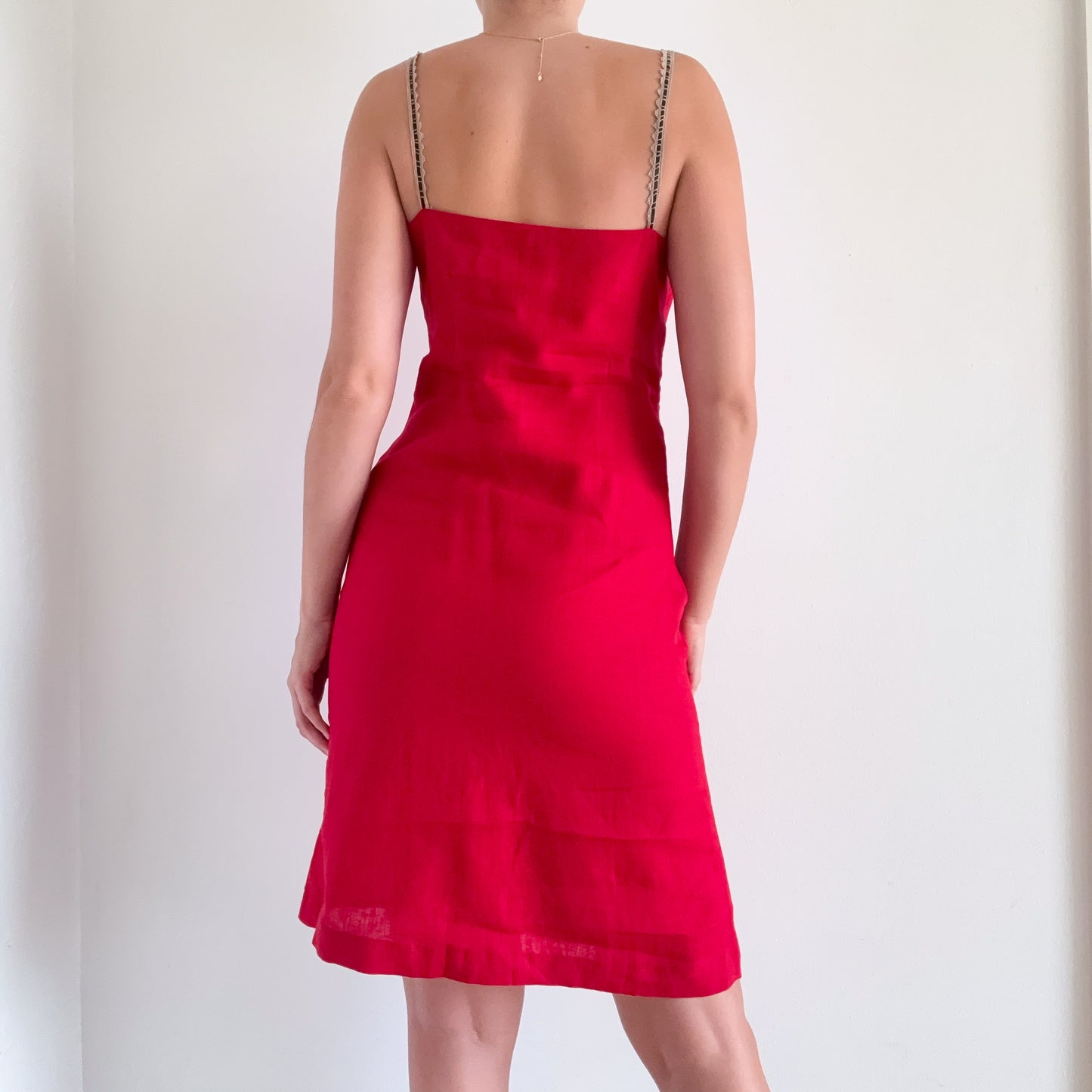 Y2K Red Linen Sweetheart Dress / SZ M