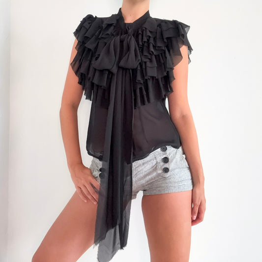 Y2K Black Chiffon Ruffle Tie Blouse / SZ M