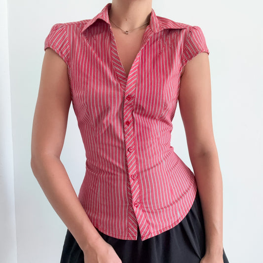 Y2K Red Cotton Striped Button Blouse / SZ M