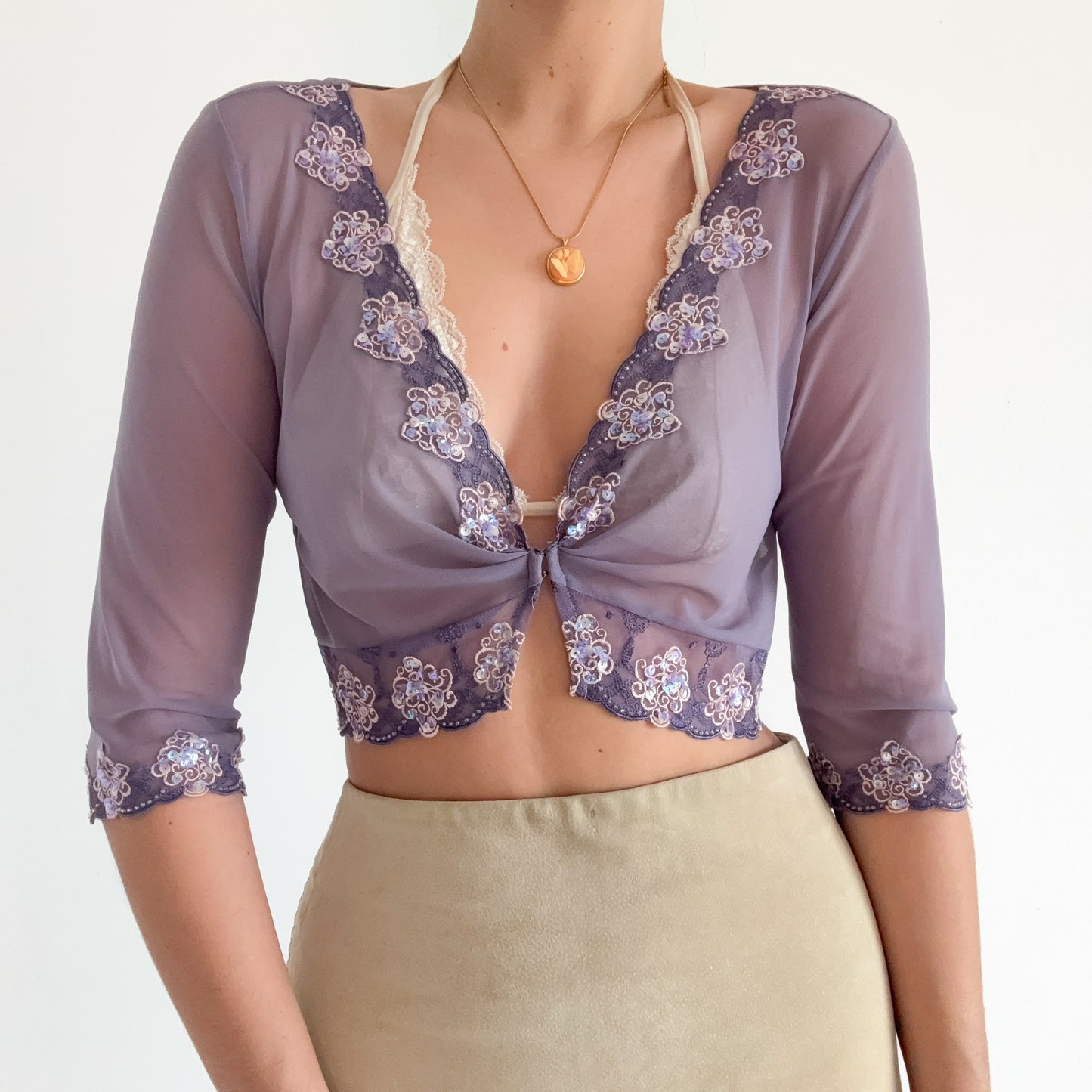 Y2K Dark Lavender Mesh Embroidered Top / SZ M